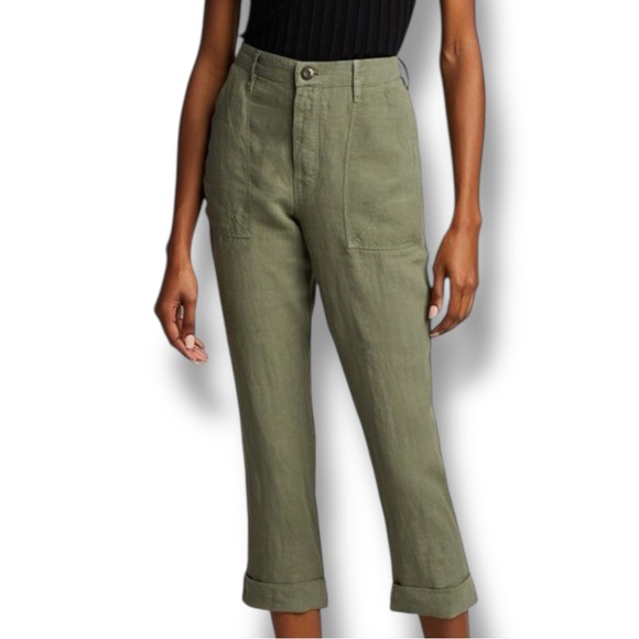 Frame Le Beau 100% Linen Military Green Cropped Pants Button Fly - Picture 15 of 15